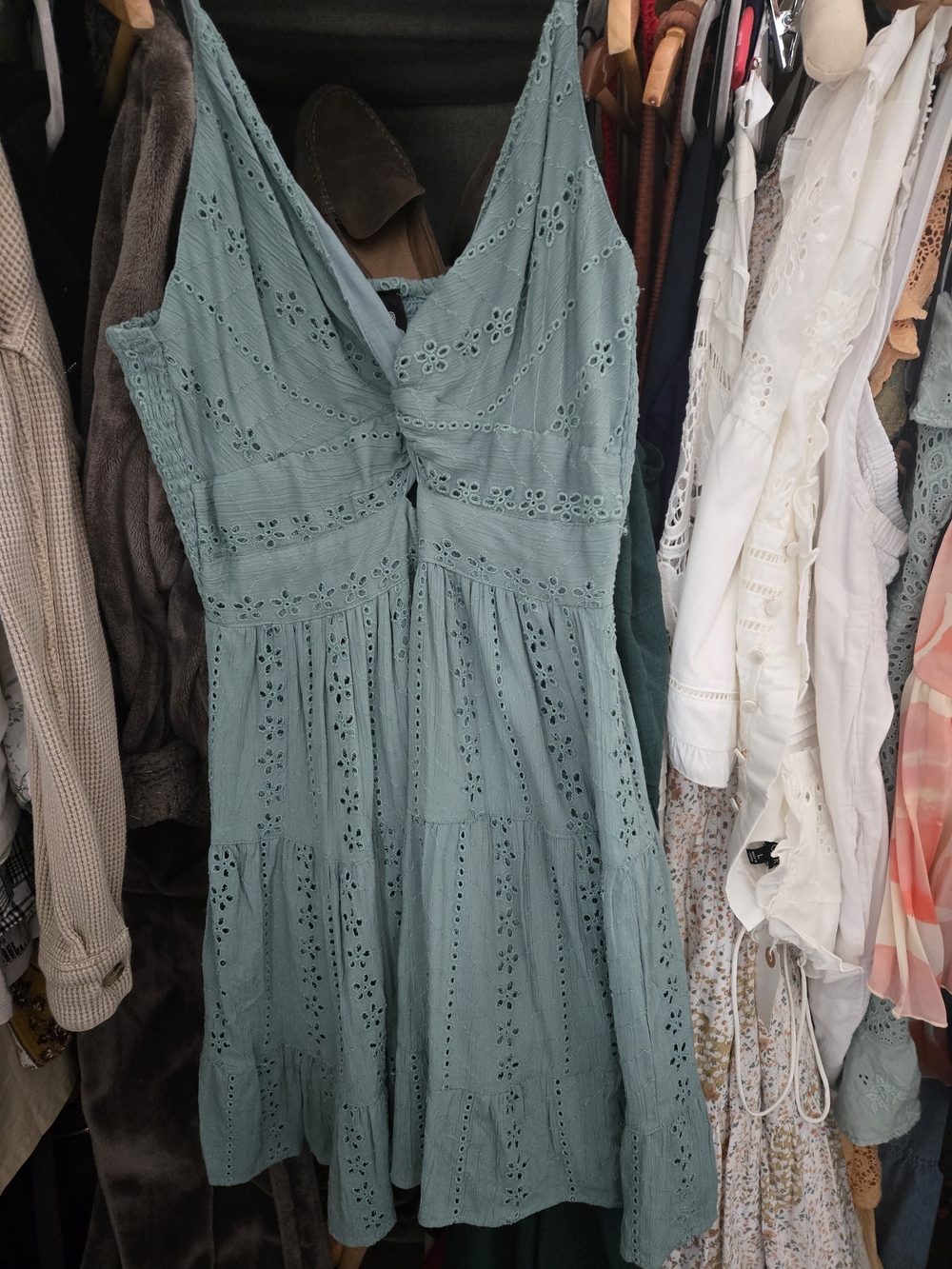 Angie Sage Green Eyelet Tiered Midi Dress